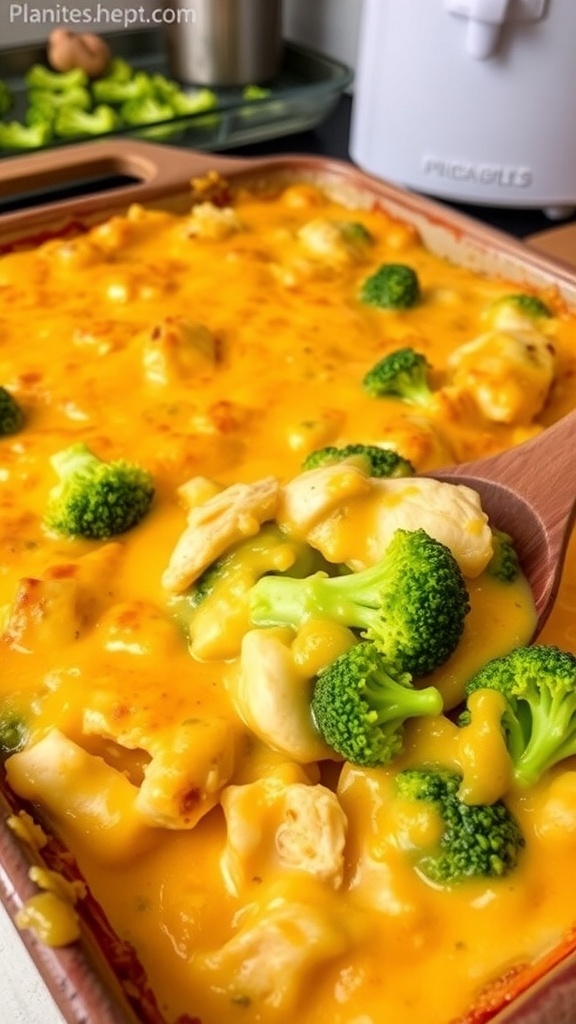A cheesy chicken and broccoli casserole in a baking dish, topped with golden breadcrumbs.